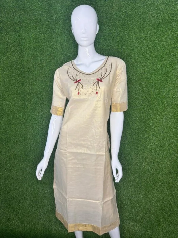 Tissue Kurti – Exquisite Aari Work Neck Design | Straigh