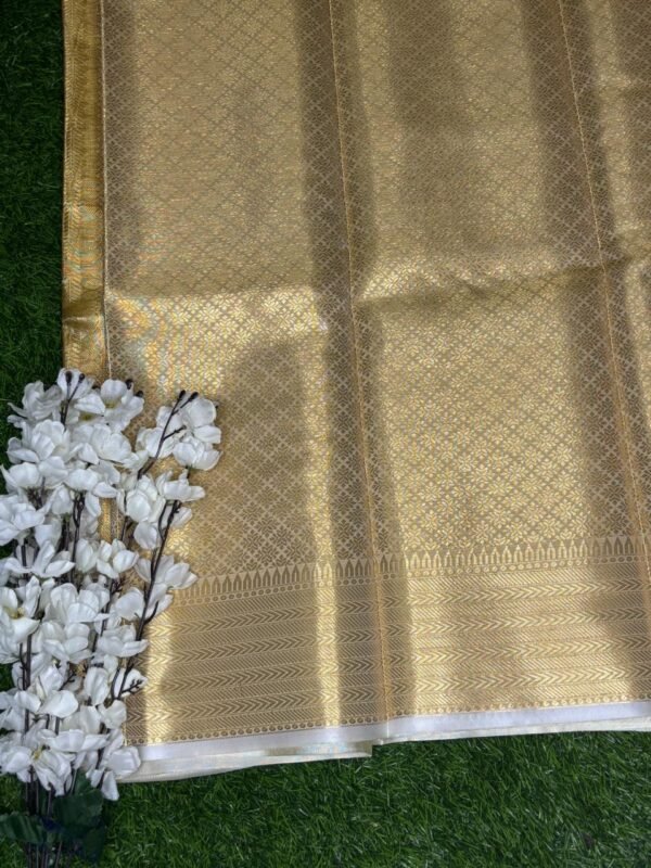 Keerthy Suresh Mam-Inspired Banaras Tissue Gold Saree with Zari Border ,showing blouse