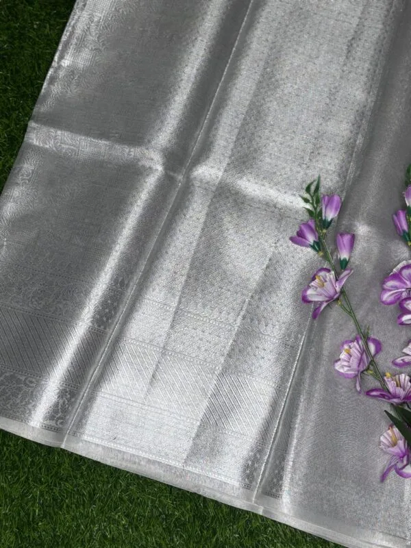 Nayanathara Mam Inspired Banaras Silver Tissue Saree with Zari Border, showing pallu
