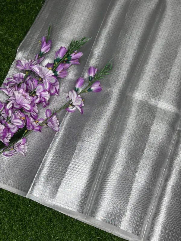 Nayanathara Mam Inspired Banaras Silver Tissue Saree with Zari Border, showing blouse
