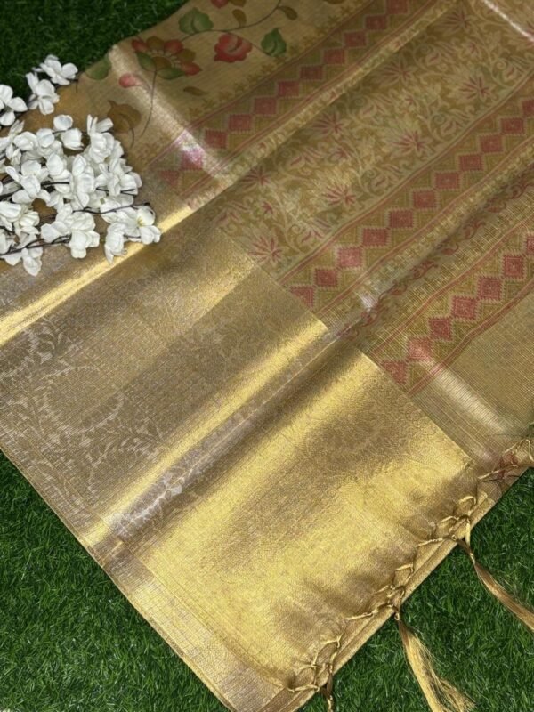 Gold Kota Saree with All-Over Digital Print & Big Border showing pallu