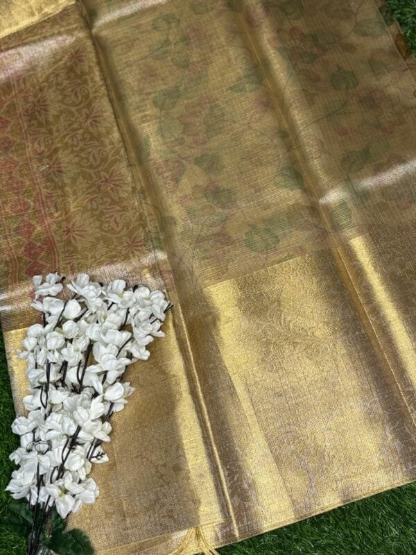 Gold Kota Saree with All-Over Digital Print & Big Border showing blouse