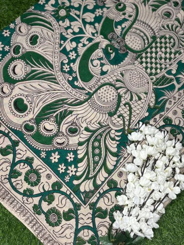 Kalamkari Cotton Saree with Organic Colours showing pallu