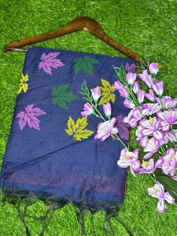 Khadi Silk Cotton Blue Saree with Leaf Print & Running Blouse